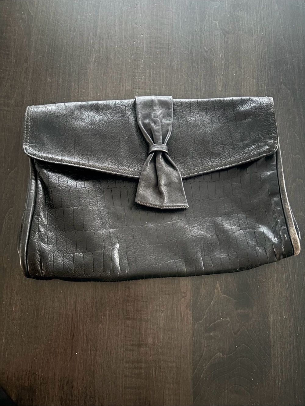Nordstrom Black Leather Bow-Accent Vintage Clutch